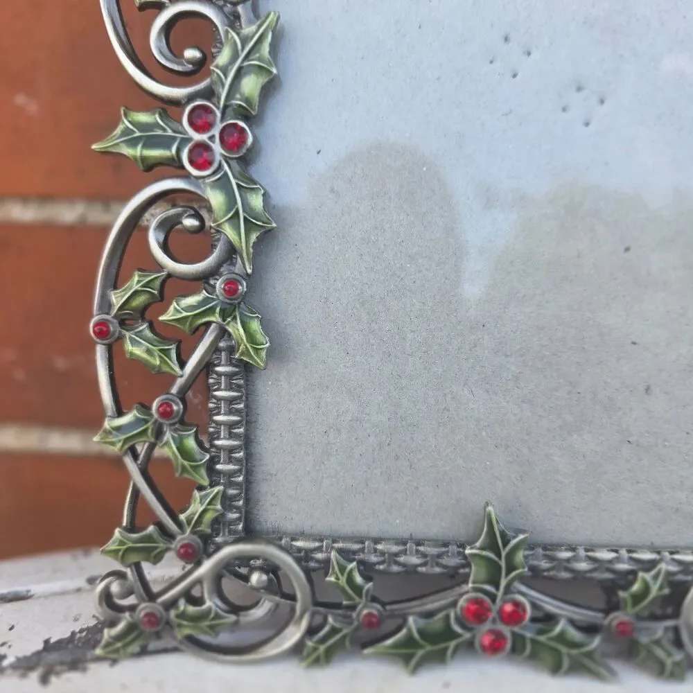 Ornate Metal Holly Berry 4x6 Picture Frame Christmas Red Rhinestone Decor